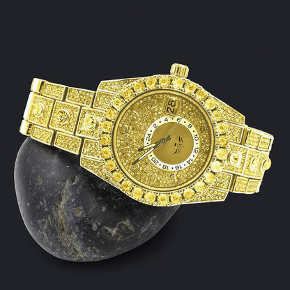 18K Canary Gold Finish Simulated Diamond Solid Steel Back Solitaire Bezel & Band Men's Watch 40mm W/Date Function