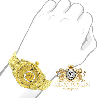 18K Canary Gold Finish Simulated Diamond Solid Steel Back Solitaire Bezel & Band Men's Watch 40mm W/Date Function