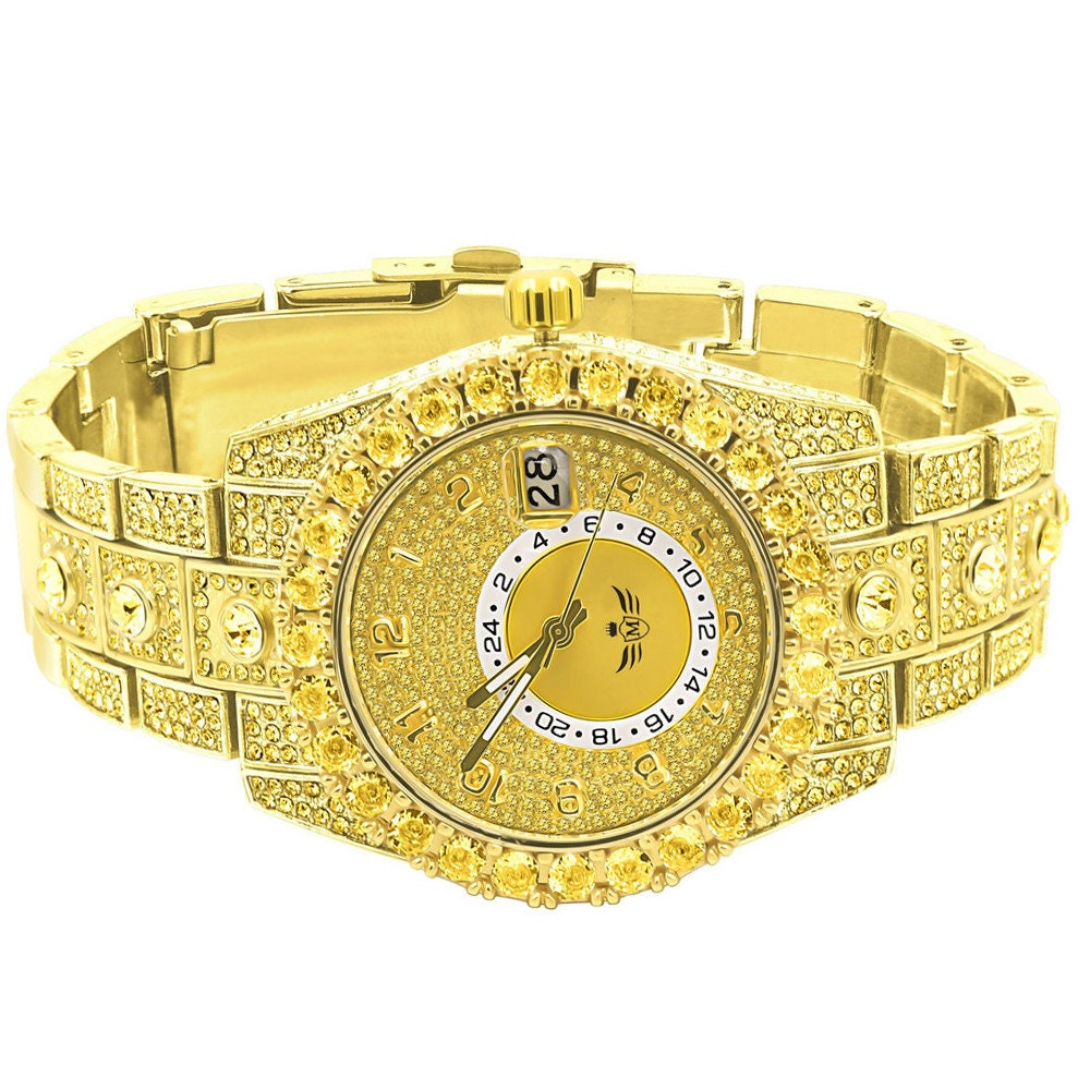 18K Canary Gold Finish Simulated Diamond Solid Steel Back Solitaire Bezel & Band Men's Watch 40mm W/Date Function