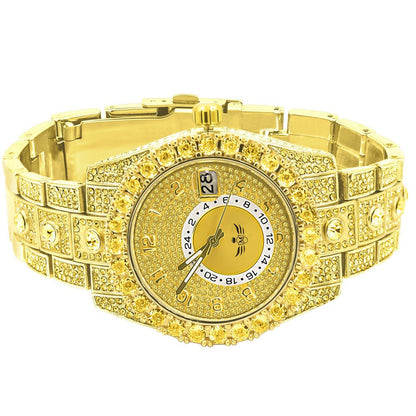 18K Canary Gold Finish Simulated Diamond Solid Steel Back Solitaire Bezel & Band Men's Watch 40mm W/Date Function