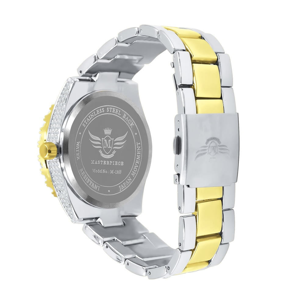 2 Tone Gold Finish Simulated Diamond Solid Steel Back Solitaire Bezel & Band Men's Watch 40mm W/Date Function