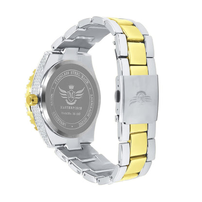 2 Tone Gold Finish Simulated Diamond Solid Steel Back Solitaire Bezel & Band Men's Watch 40mm W/Date Function