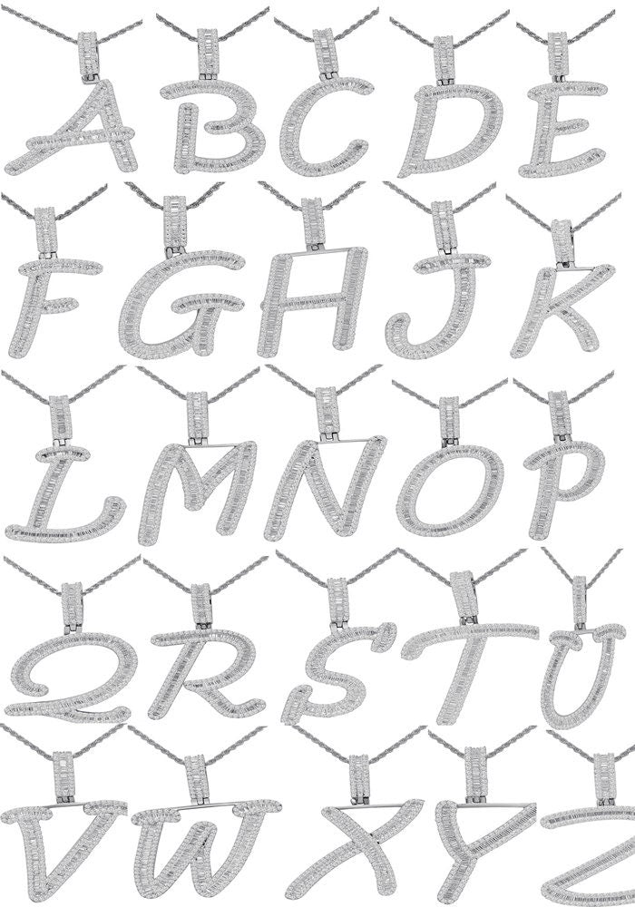 Baguette 14K White  Gold On Real Sterling Silver Simulated Diamond Initial Letter Alphabet  Pendent Charm Set 2.25''