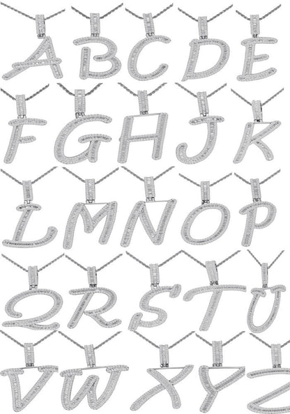 Baguette 14K White  Gold On Real Sterling Silver Simulated Diamond Initial Letter Alphabet  Pendent Charm Set 2.25''