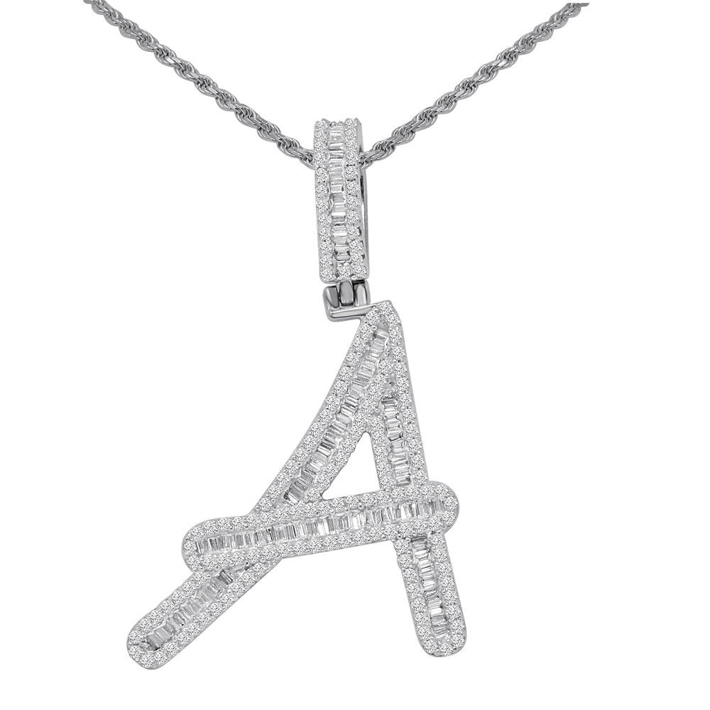 Baguette 14K White  Gold On Real Sterling Silver Simulated Diamond Initial Letter Alphabet  Pendent Charm Set 2.25''