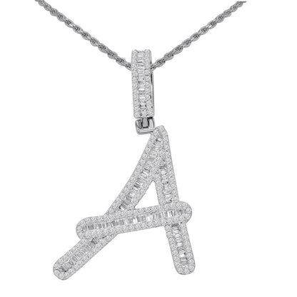 Baguette 14K White  Gold On Real Sterling Silver Simulated Diamond Initial Letter Alphabet  Pendent Charm Set 2.25''