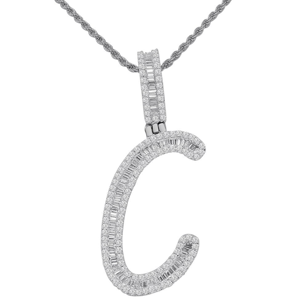 Baguette 14K White  Gold On Real Sterling Silver Simulated Diamond Initial Letter Alphabet  Pendent Charm Set 2.25''