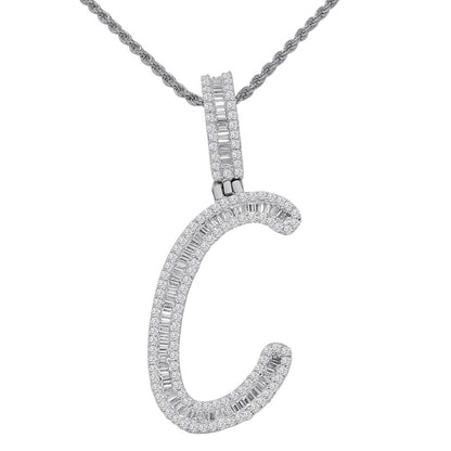 Baguette 14K White  Gold On Real Sterling Silver Simulated Diamond Initial Letter Alphabet  Pendent Charm Set 2.25''