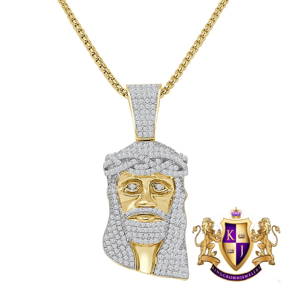 14k Gold Over Real Sterling Silver Simulated Diamond Holy Jesus Face Piece Cross Charm Pendent 2''