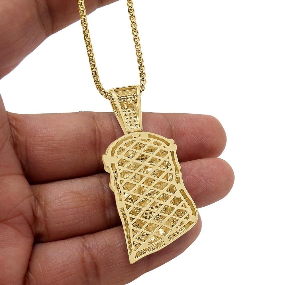14k Gold Over Real Sterling Silver Simulated Diamond Holy Jesus Face Piece Cross Charm Pendent 2''