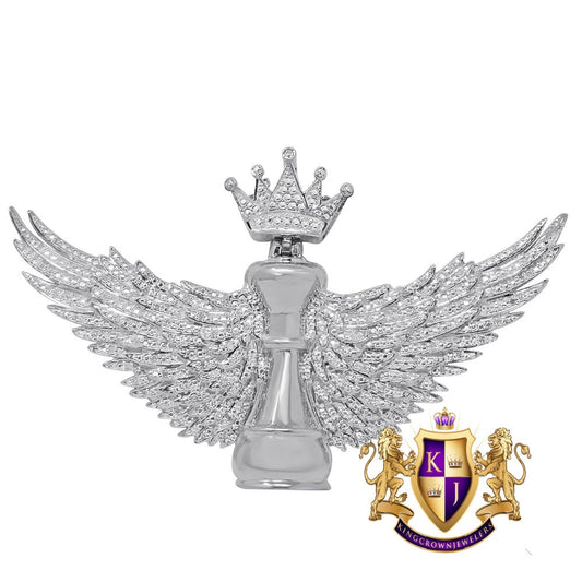 100% Real Genuine Diamond Men's King Chess Piece Pawn Crown Wings Pendent Charm 10K White Gold Finish