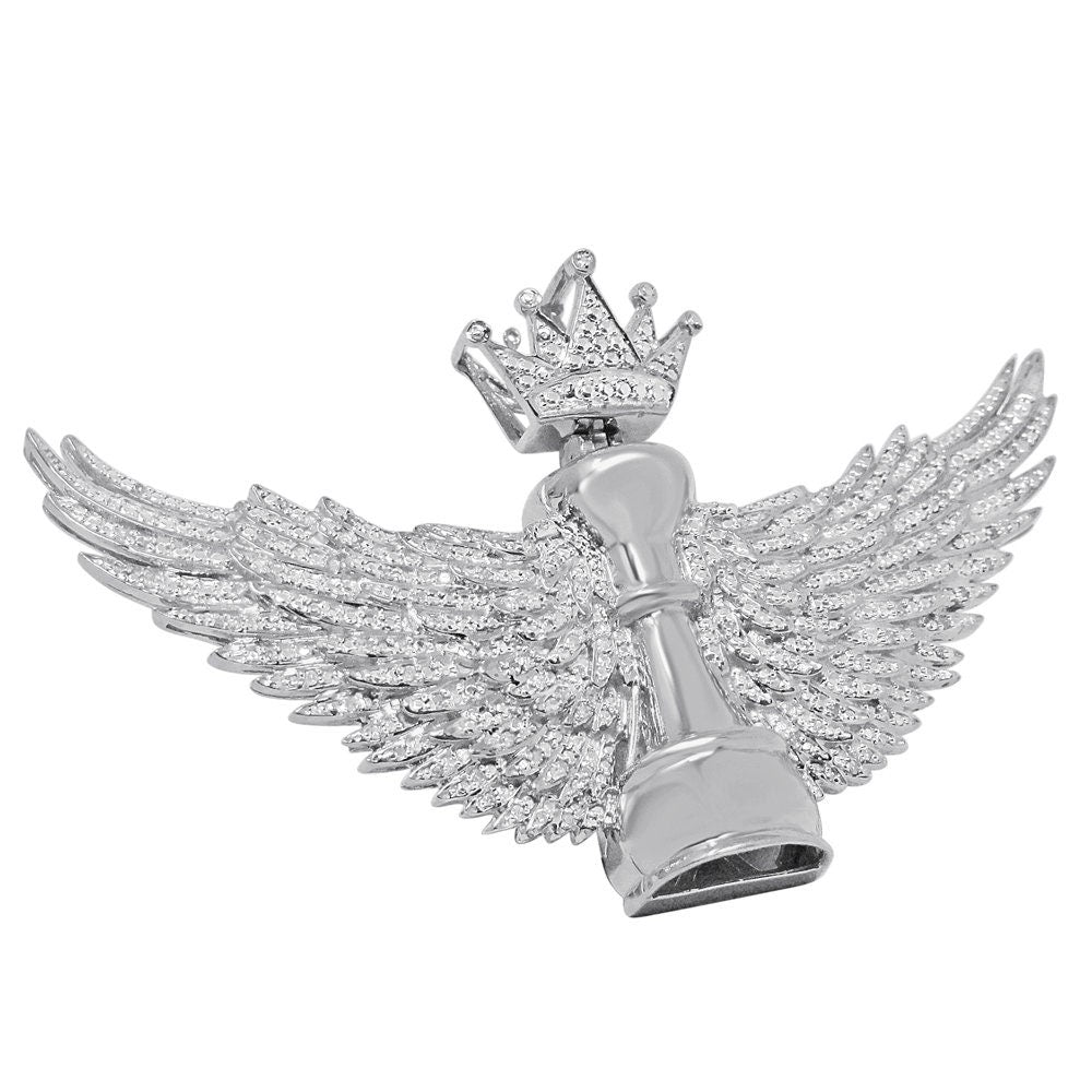 100% Real Genuine Diamond Men's King Chess Piece Pawn Crown Wings Pendent Charm 10K White Gold Finish