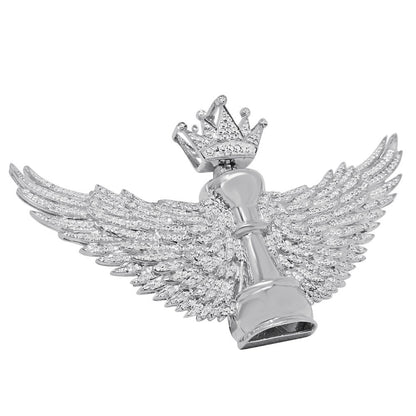 100% Real Genuine Diamond Men's King Chess Piece Pawn Crown Wings Pendent Charm 10K White Gold Finish