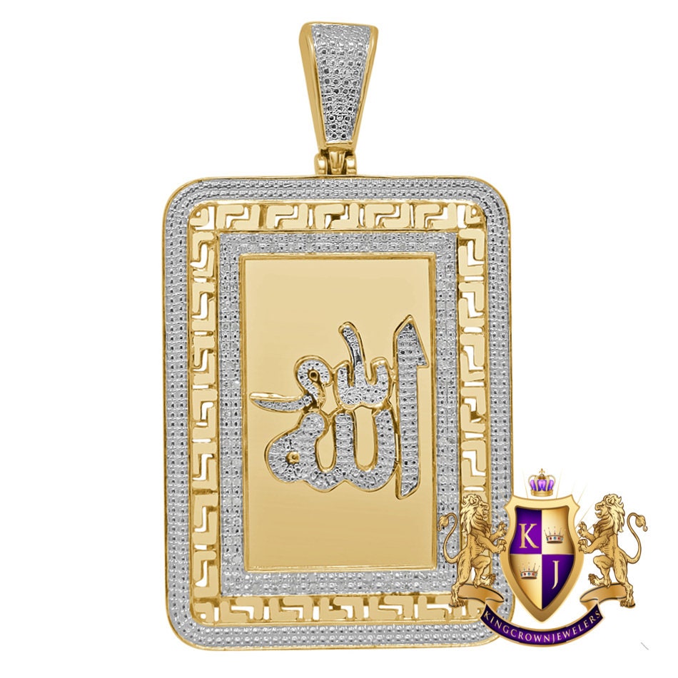 Real Genuine Authentic Diamond 28+ Grams Allah God Muslim Arabic Islamic Greek Frame Style Pendent 10K Solid Gold Finish Charm Big 2.75''