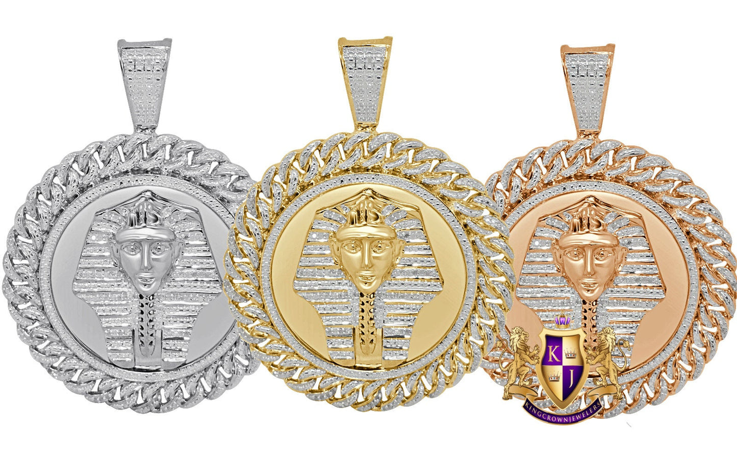 Men's Real Genuine Diamond 0.60 Cwt. Egyptian Pharaoh King Tut Pendent 10K White Gold Finish Round Medallion Charm 2.5''