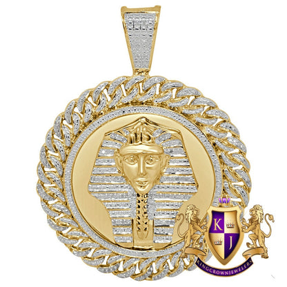 Men's Real Genuine Diamond 0.60 Cwt. Egyptian Pharaoh King Tut Pendent 10K White Gold Finish Round Medallion Charm 2.5''