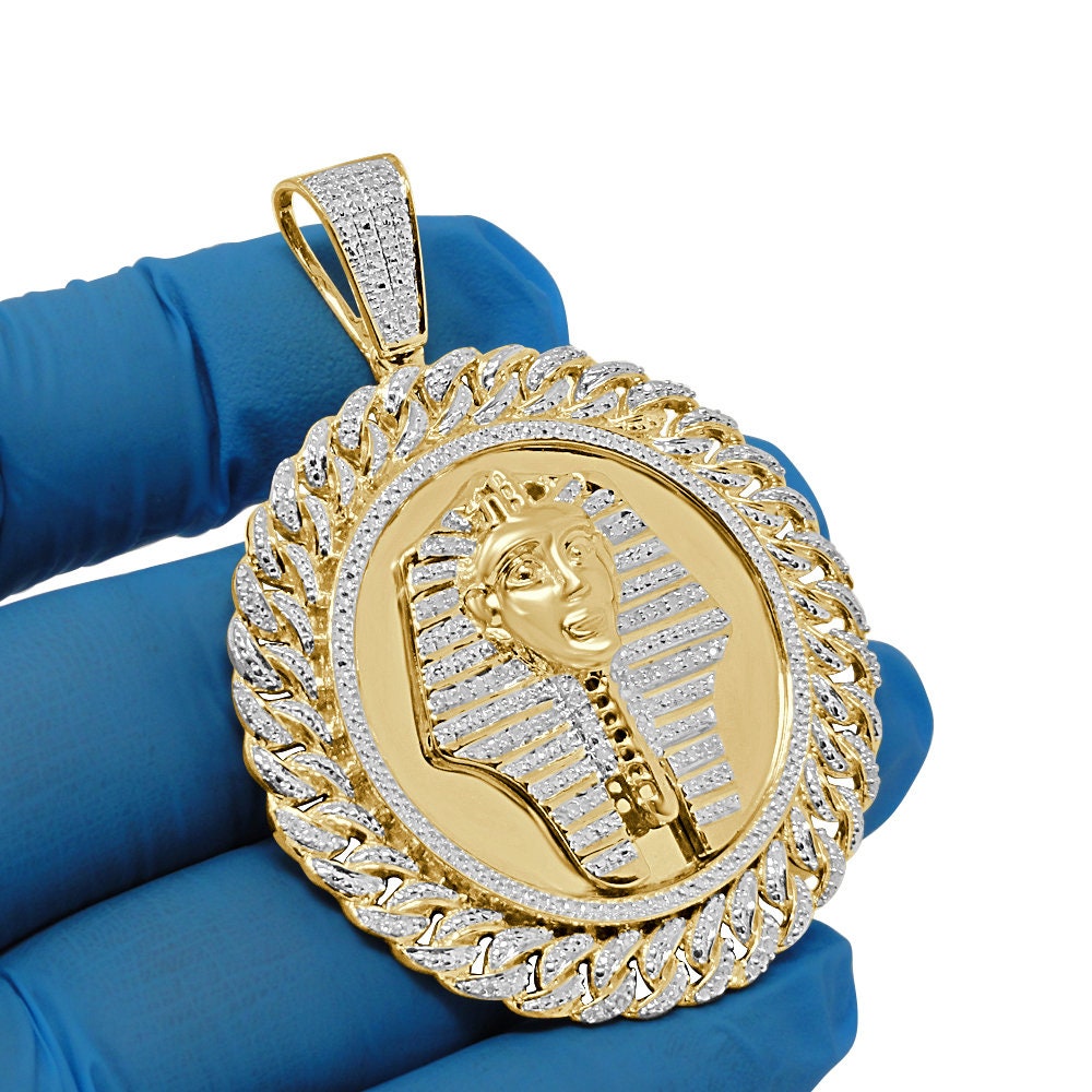 Men's Real Genuine Diamond 0.60 Cwt. Egyptian Pharaoh King Tut Pendent 10K White Gold Finish Round Medallion Charm 2.5''
