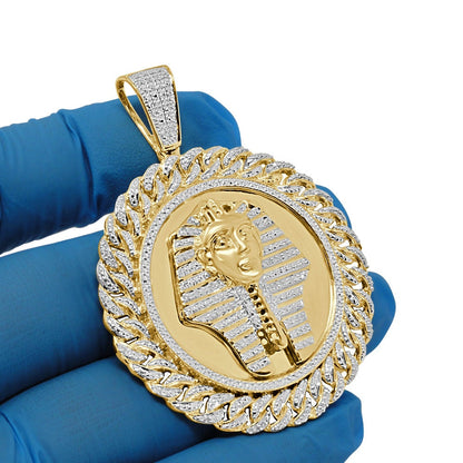 Men's Real Genuine Diamond 0.60 Cwt. Egyptian Pharaoh King Tut Pendent 10K White Gold Finish Round Medallion Charm 2.5''