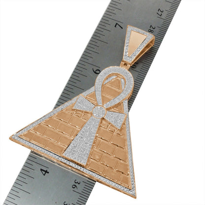 Real Genuine Diamond 0.50 Cwt. 10K Rose Gold Finish Egyptian Pyramid Ankh Cross Charm Pendant 2.75''