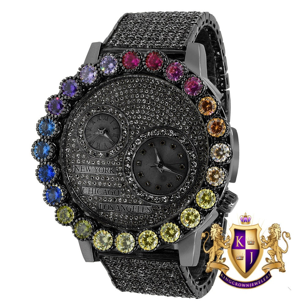 Rainbow Multi Tone Chronograph Real Diamond Dial Men's 18K Black Gold Finish Flower Bezel Band Custom Watch Analog 45mm W/Date