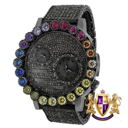 Rainbow Multi Tone Chronograph Real Diamond Dial Men's 18K Black Gold Finish Flower Bezel Band Custom Watch Analog 45mm W/Date