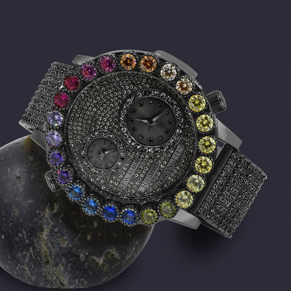 Rainbow Multi Tone Chronograph Real Diamond Dial Men's 18K Black Gold Finish Flower Bezel Band Custom Watch Analog 45mm W/Date