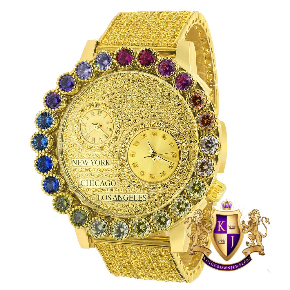 Canary Rainbow Multi Tone Chronograph Real Diamond Dial Men's 18K Gold Finish Flower Bezel Band Custom Watch Analog 45mm W/Date