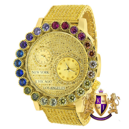 Canary Rainbow Multi Tone Chronograph Real Diamond Dial Men's 18K Gold Finish Flower Bezel Band Custom Watch Analog 45mm W/Date