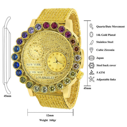 Canary Rainbow Multi Tone Chronograph Real Diamond Dial Men's 18K Gold Finish Flower Bezel Band Custom Watch Analog 45mm W/Date
