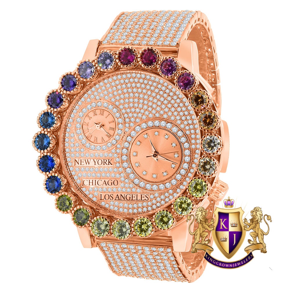 Solitaire Men's 18K Rose Gold Finish Rainbow Multi Tone Chronograph Real Diamond Dial Custom Bezel And Band Watch Analog 45mm W/Date