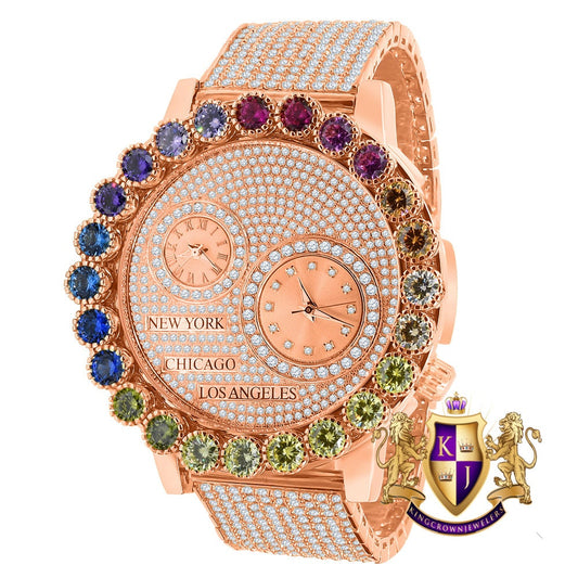Solitaire Men's 18K Rose Gold Finish Rainbow Multi Tone Chronograph Real Diamond Dial Custom Bezel And Band Watch Analog 45mm W/Date