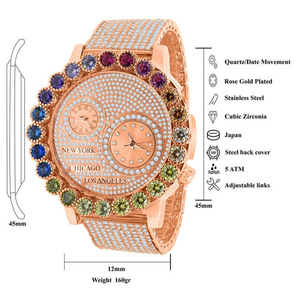 Solitaire Men's 18K Rose Gold Finish Rainbow Multi Tone Chronograph Real Diamond Dial Custom Bezel And Band Watch Analog 45mm W/Date