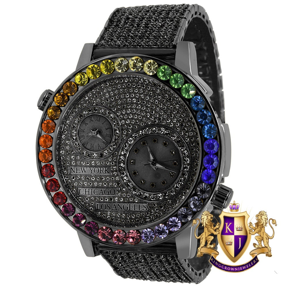 Solitaire Rainbow Multi Tone Chronograph Diamond Dial Men's 18K Black Gold Flower Bezel Band Custom Watch Analog 45mm W/Date