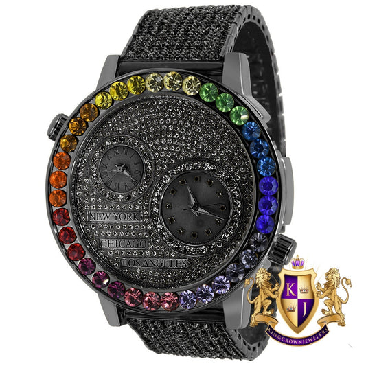 Solitaire Rainbow Multi Tone Chronograph Diamond Dial Men's 18K Black Gold Flower Bezel Band Custom Watch Analog 45mm W/Date