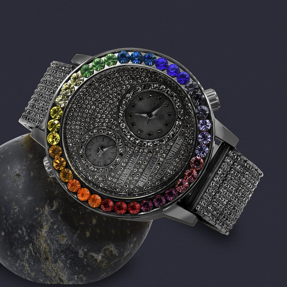 Solitaire Rainbow Multi Tone Chronograph Diamond Dial Men's 18K Black Gold Flower Bezel Band Custom Watch Analog 45mm W/Date
