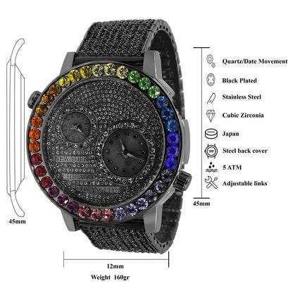 Solitaire Rainbow Multi Tone Chronograph Diamond Dial Men's 18K Black Gold Flower Bezel Band Custom Watch Analog 45mm W/Date
