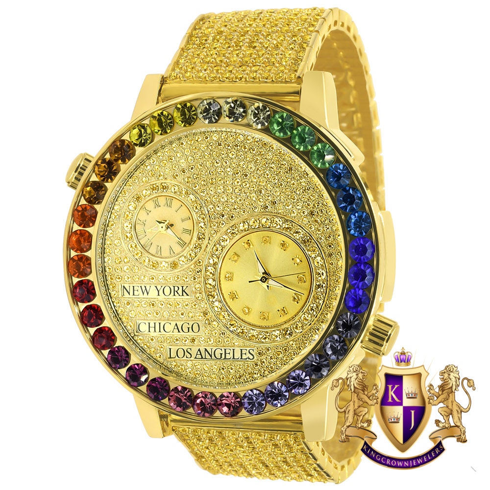 Chronograph Real Diamond Dial Men's 18K Gold Finish Flower Bezel Band Custom Watch Analog 45mm W/Date Canary Rainbow Multi Tone