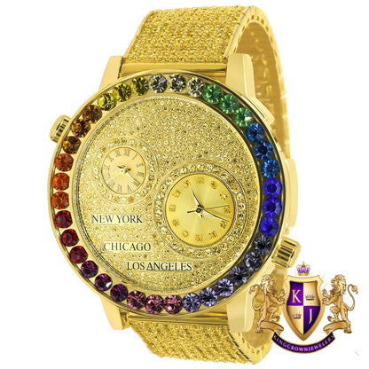 Chronograph Real Diamond Dial Men's 18K Gold Finish Flower Bezel Band Custom Watch Analog 45mm W/Date Canary Rainbow Multi Tone