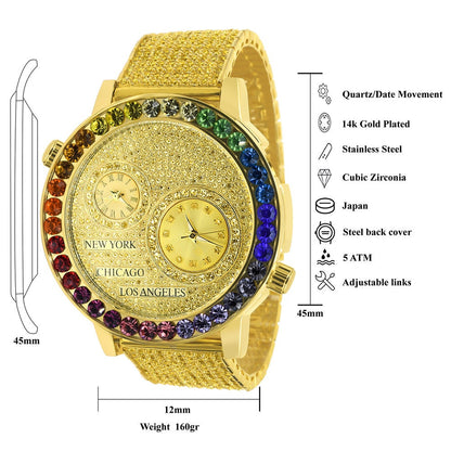 Chronograph Real Diamond Dial Men's 18K Gold Finish Flower Bezel Band Custom Watch Analog 45mm W/Date Canary Rainbow Multi Tone