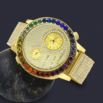 Men's Rainbow Multi Tone Chronograph Real Diamond Dial Men's 18K Gold Finish Flower Bezel Band Custom Watch Analog 45mm W/Date