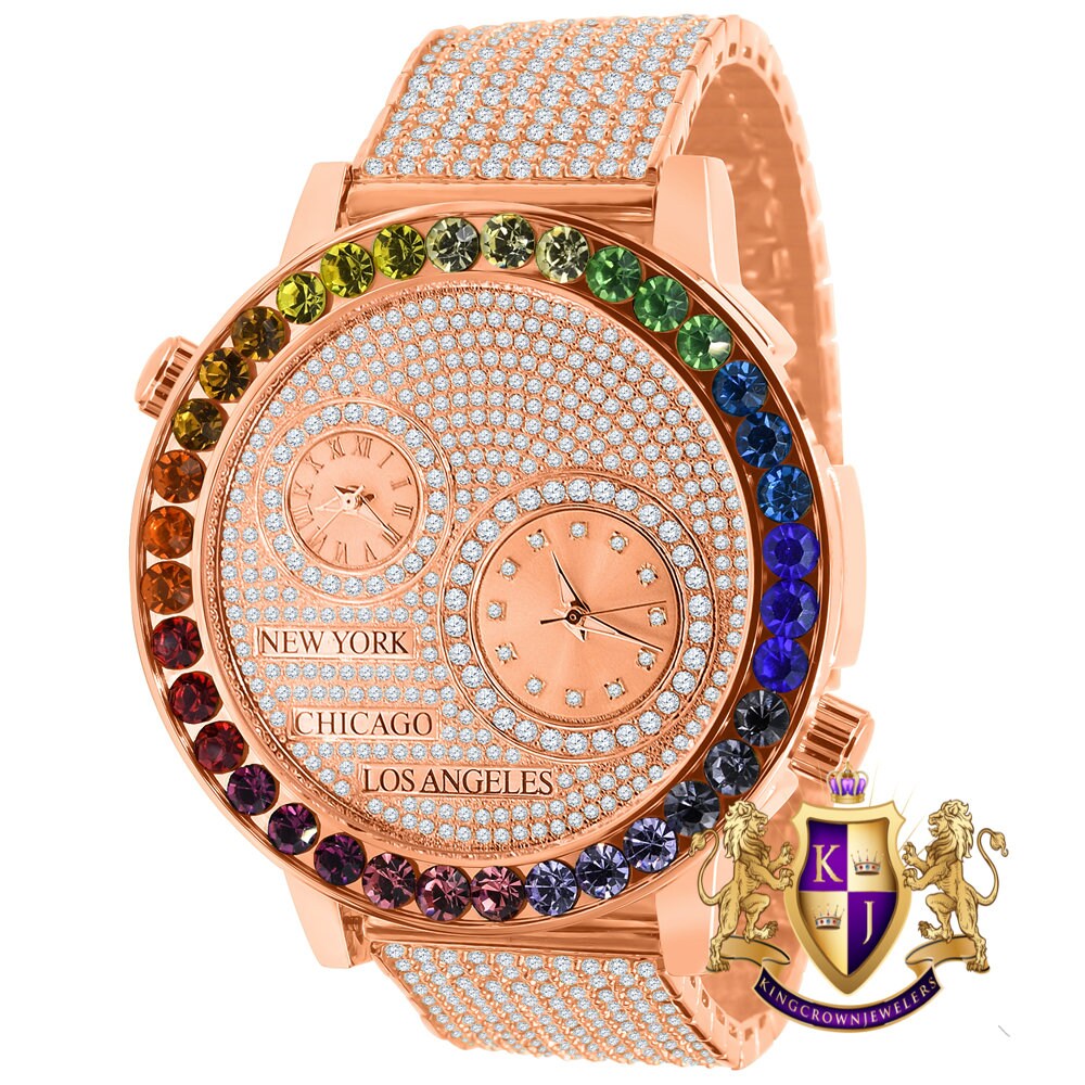Men's 18K Rose Gold Finish Rainbow Multi Tone Chronograph Solitaire Real Diamond Dial Custom Bezel And Band Watch Analog 45mm W/Date