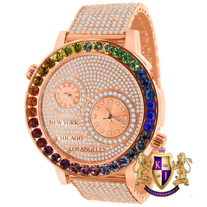 Men's 18K Rose Gold Finish Rainbow Multi Tone Chronograph Solitaire Real Diamond Dial Custom Bezel And Band Watch Analog 45mm W/Date