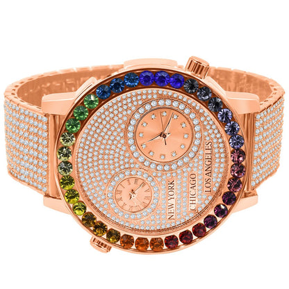 Men's 18K Rose Gold Finish Rainbow Multi Tone Chronograph Solitaire Real Diamond Dial Custom Bezel And Band Watch Analog 45mm W/Date