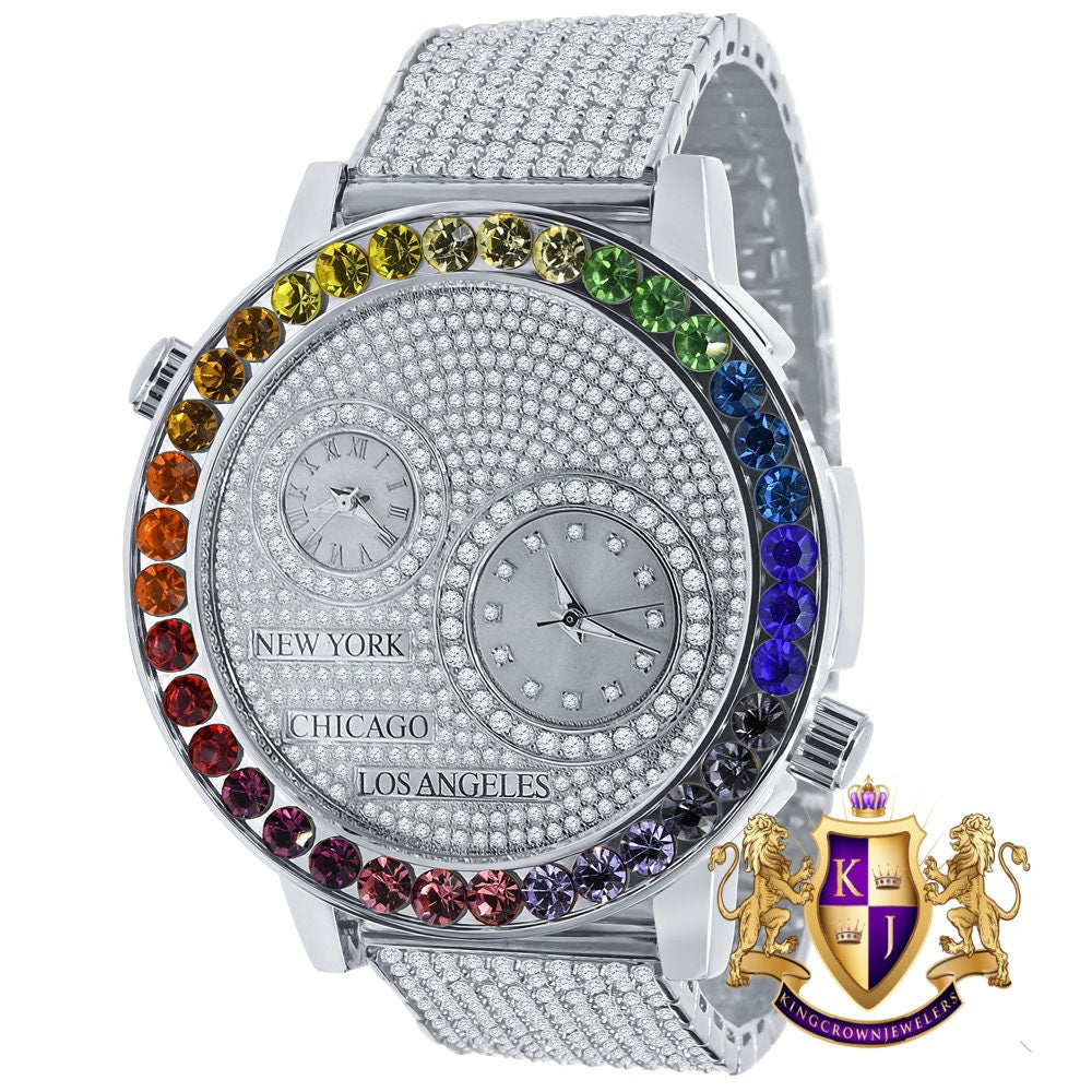 Men's Solitaire 18K White Gold Finish Rainbow Multi Tone Chronograph Real Diamond Dial Custom Bezel And Band Watch Analog 45mm W/Date