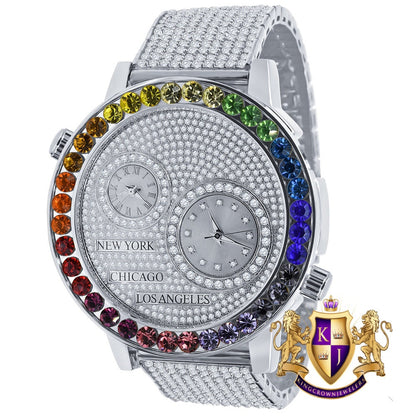 Men's Solitaire 18K White Gold Finish Rainbow Multi Tone Chronograph Real Diamond Dial Custom Bezel And Band Watch Analog 45mm W/Date