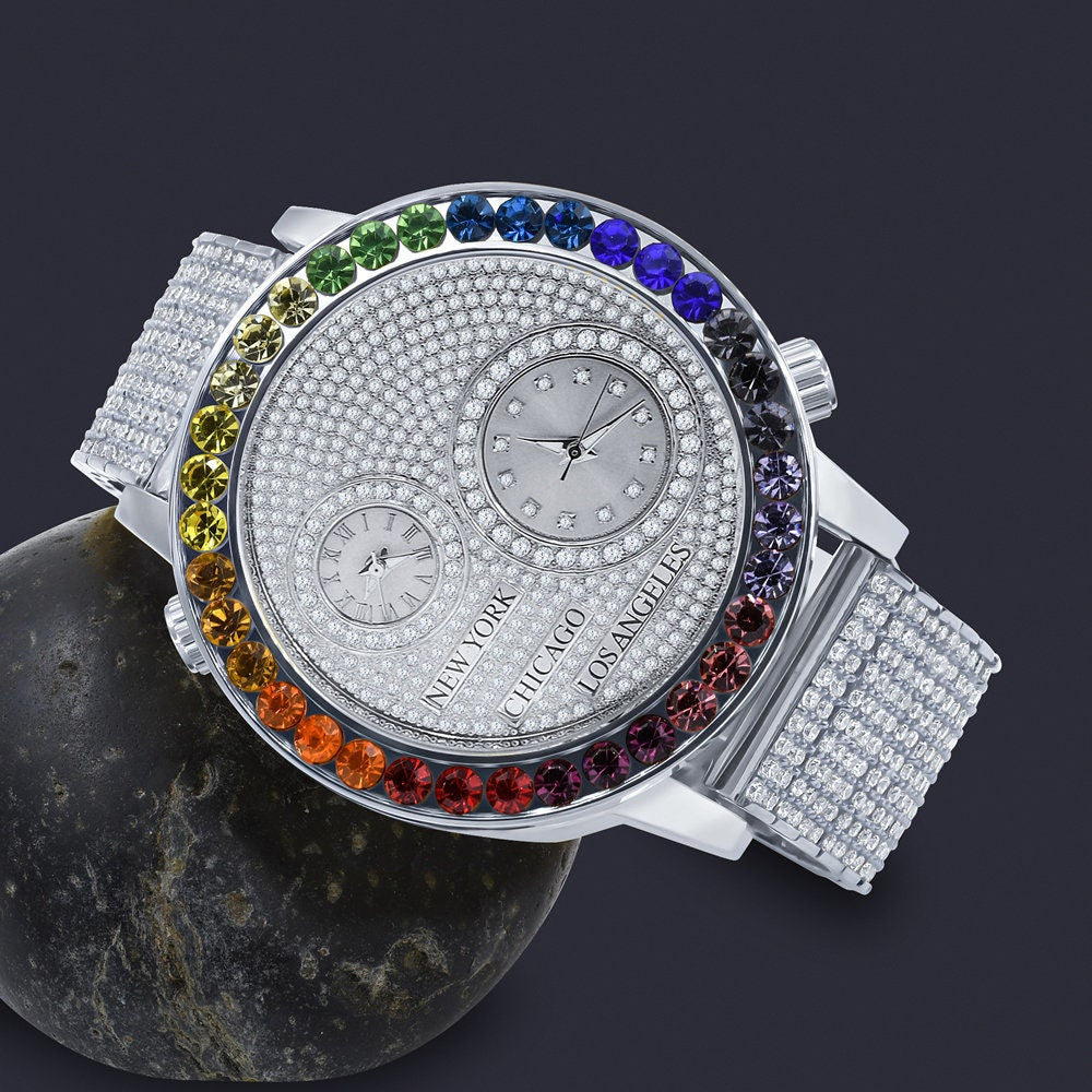 Men's Solitaire 18K White Gold Finish Rainbow Multi Tone Chronograph Real Diamond Dial Custom Bezel And Band Watch Analog 45mm W/Date
