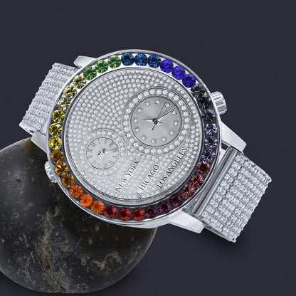 Men's Solitaire 18K White Gold Finish Rainbow Multi Tone Chronograph Real Diamond Dial Custom Bezel And Band Watch Analog 45mm W/Date