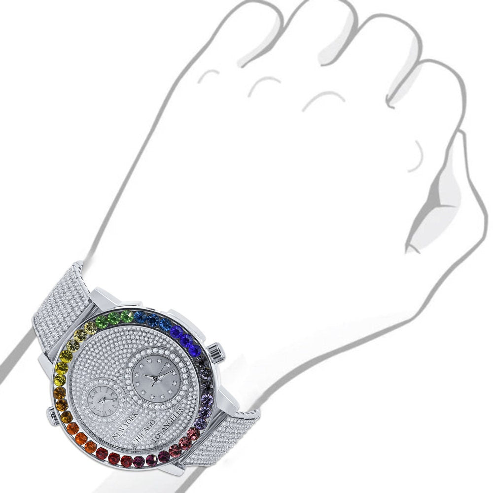 Men's Solitaire 18K White Gold Finish Rainbow Multi Tone Chronograph Real Diamond Dial Custom Bezel And Band Watch Analog 45mm W/Date
