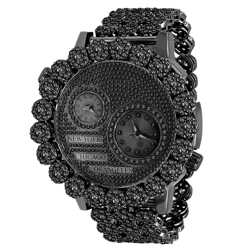 2 Time Zone Chronograph Simulated Diamond Dial Men's 18K Black Gold Finish Flower Bezel Band 5 ATM Water Resistant Watch Analog 45mm W/Date