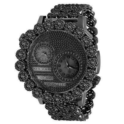 2 Time Zone Chronograph Simulated Diamond Dial Men's 18K Black Gold Finish Flower Bezel Band 5 ATM Water Resistant Watch Analog 45mm W/Date